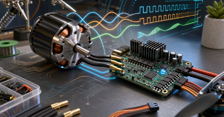 BLHeli open ESC firmware cover showing an electronic speed controller board, motor phases, firmware traces, and signal waveforms
