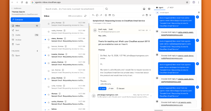 Agentic Inbox web UI with mailbox list email thread and AI sidebar
