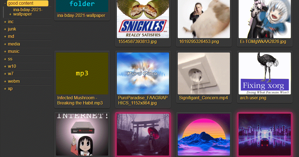 copyparty browser file manager with folders, thumbnails, and media files