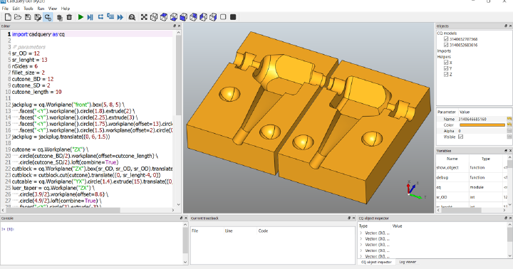 CQ-editor CadQuery GUI showing a Python CAD script and rendered 3D model