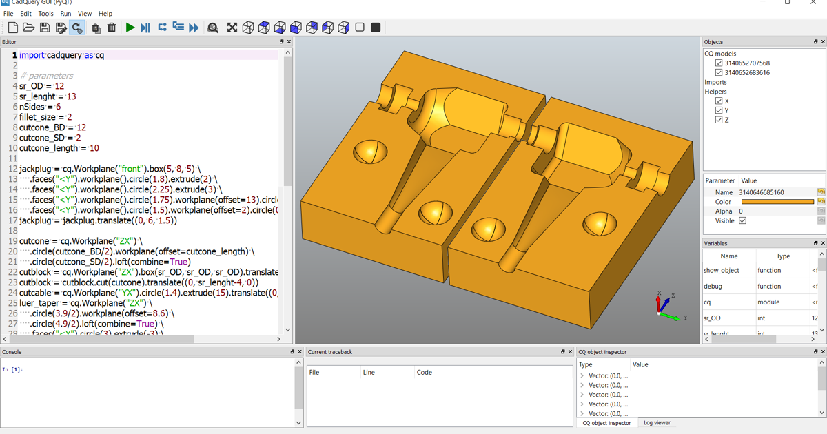CQ-editor CadQuery GUI showing a Python CAD script and rendered 3D model