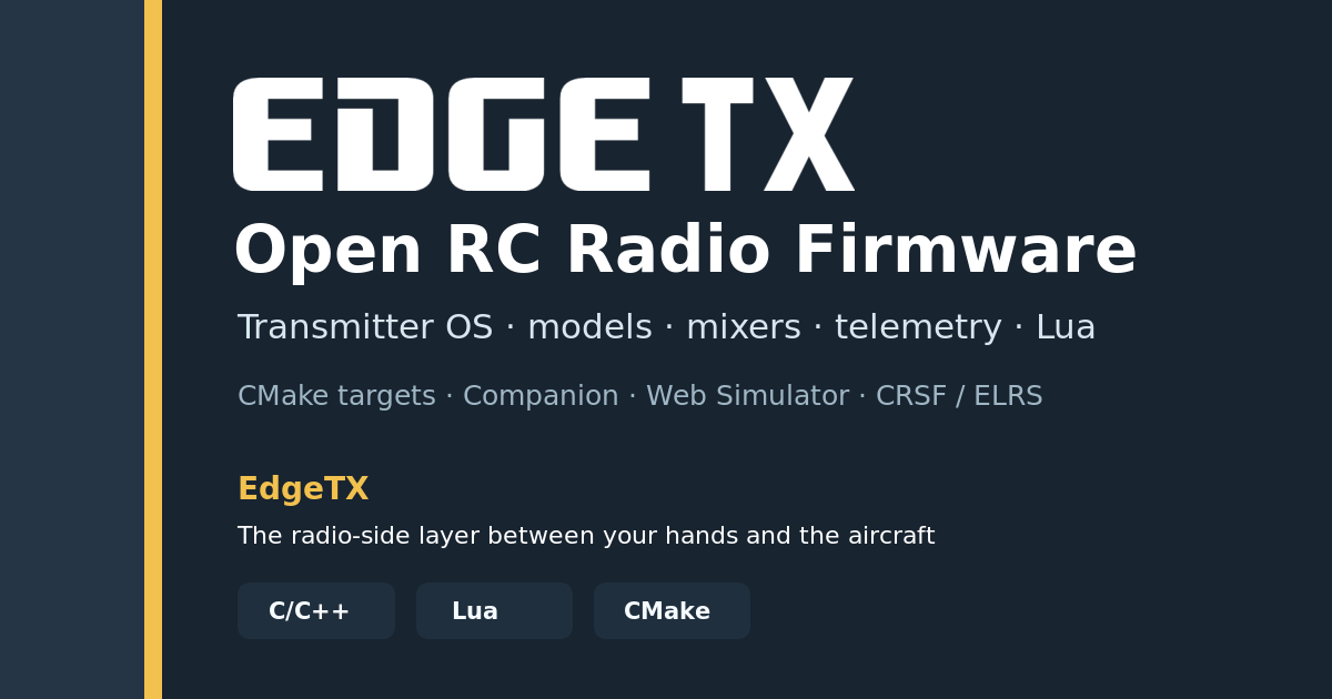 EdgeTX cover showing open RC radio firmware, transmitter OS, models, mixers, telemetry, Lua, CMake, Companion, Web Simulator, and CRSF ELRS labels