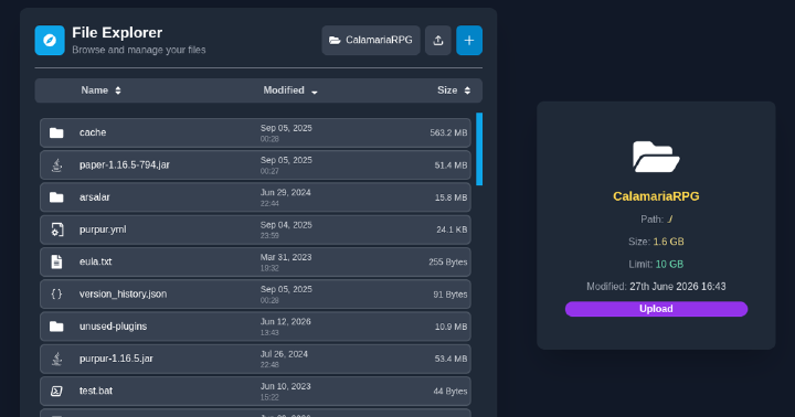 FolderHost file explorer showing folders, files, sizes, and upload controls
