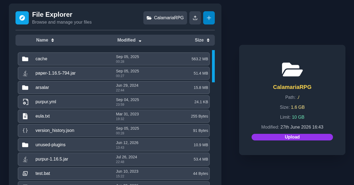 FolderHost file explorer showing folders, files, sizes, and upload controls