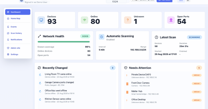 LanGuard dashboard showing LAN device inventory and network status