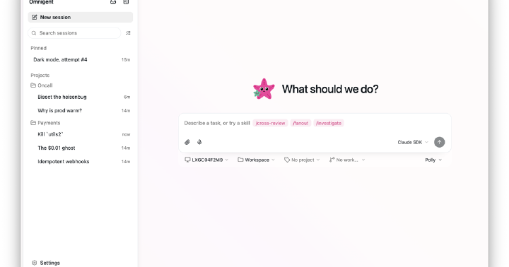 Omnigent desktop app with a new agent session screen