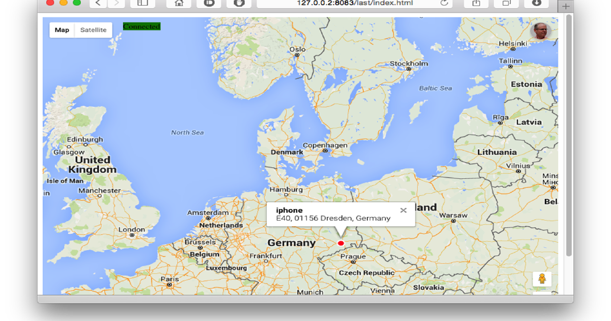 OwnTracks Recorder live map showing a stored location