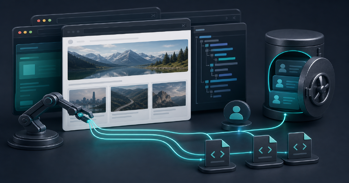 Abstract browser automation cover with rendered DOM panels, session profile storage, and browser windows