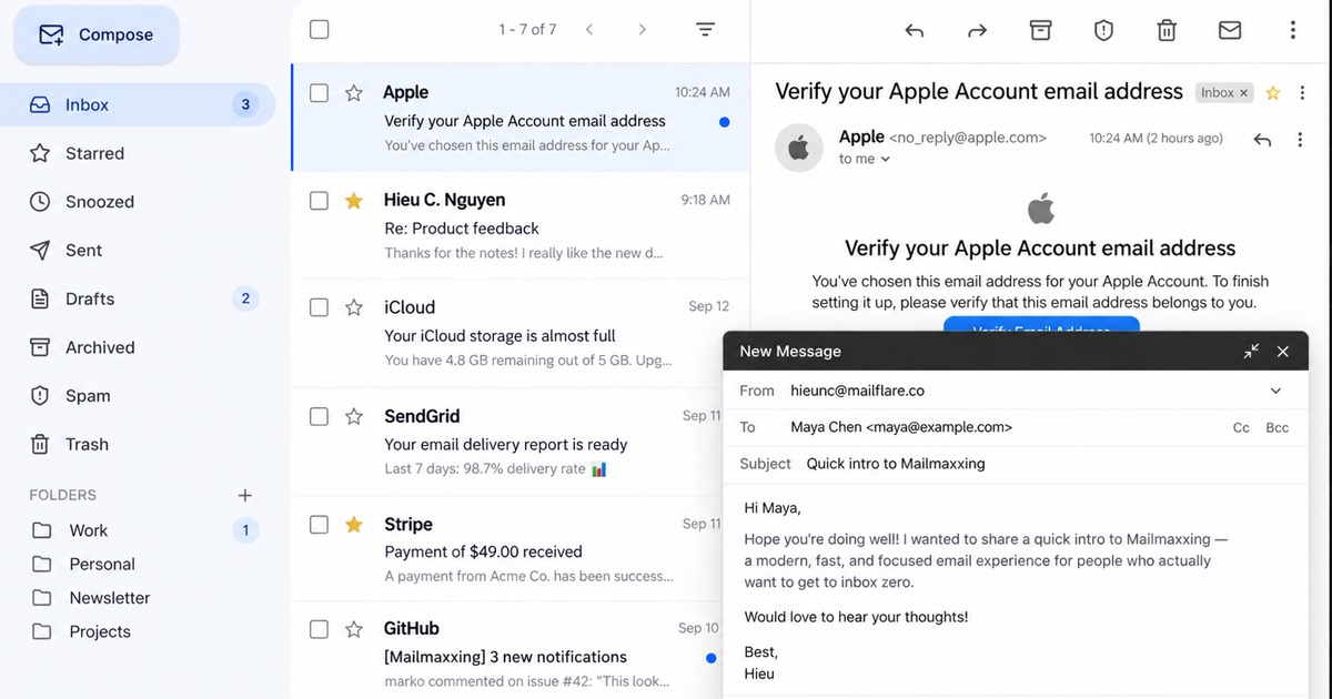 Mailflare inbox interface with message list and compose window