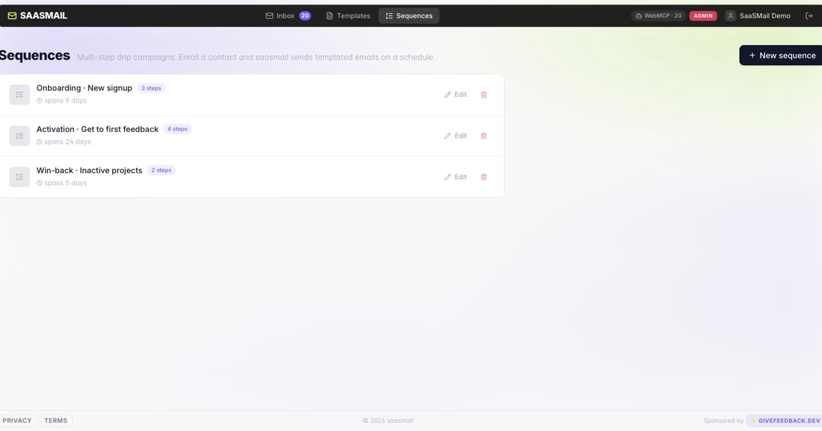 SaaSMail sequence editor interface for multi-step email campaigns