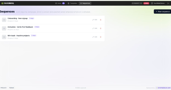 SaaSMail sequence editor interface for multi-step email campaigns