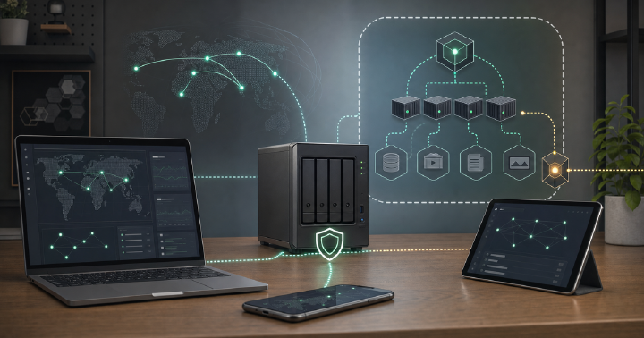 Containerized mesh VPN connecting a homelab server, laptop, phone, and tablet over encrypted private routes