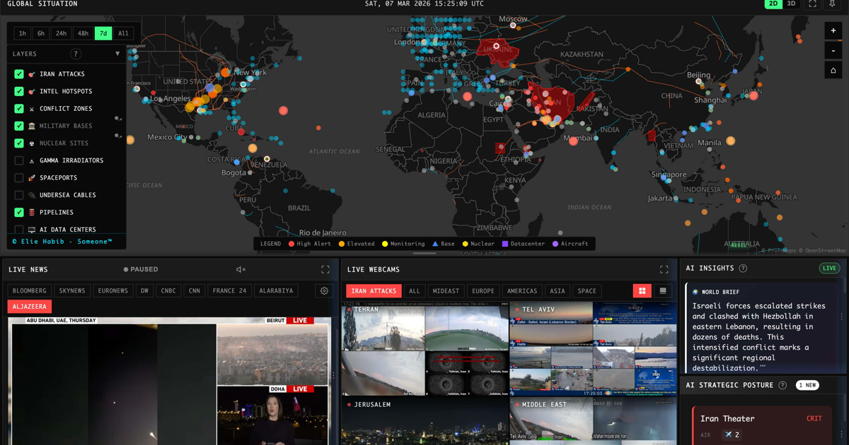World Monitor real-time global intelligence dashboard with map and data panels
