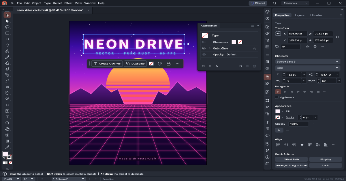 VectorCraft vector illustration editor showing a colourful poster