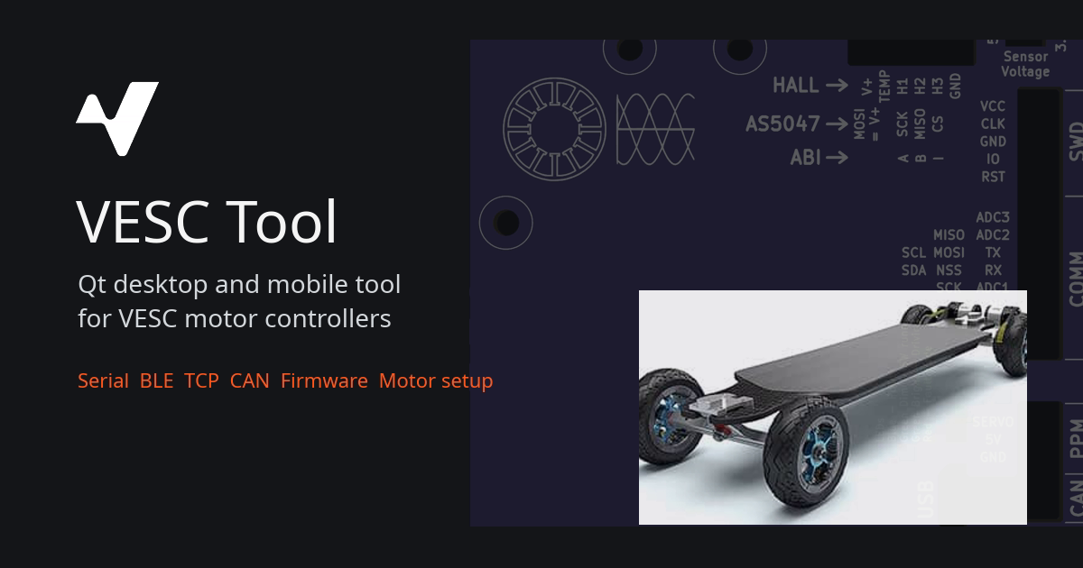 VESC Tool cover with VESC mark, controller board graphic, and electric skateboard