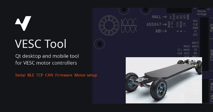 VESC Tool cover with VESC mark, controller board graphic, and electric skateboard